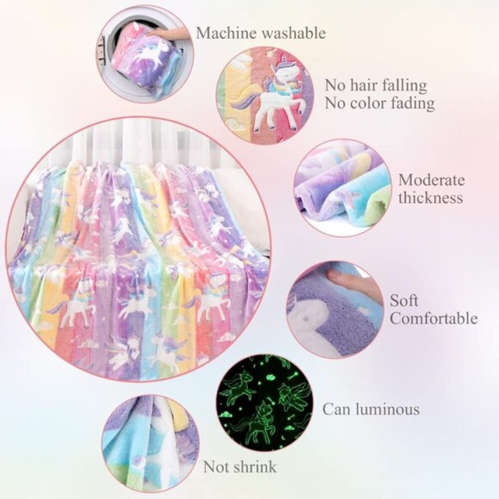 New Soft Glow in The Dark Unicorn Blanket for Girls or Birthday Gift, 50x60In - Picture 6 of 12